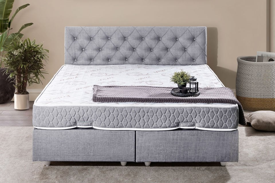 Eylül Çift Kişilik Baza Başlık Letto Yatak Seti 150 x 200 - Açık Gri