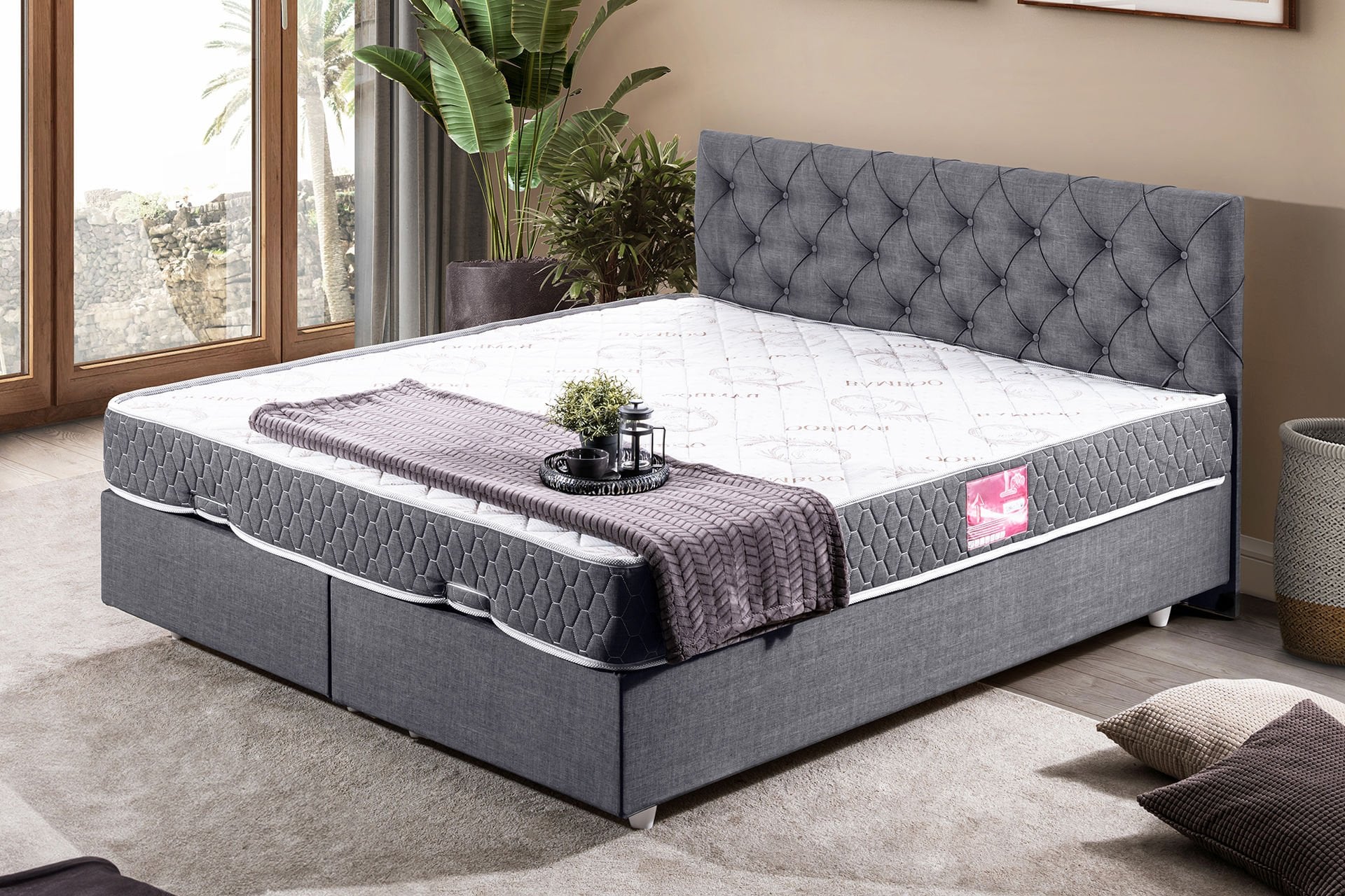 Eylül Çift Kişilik Baza Başlık Letto Yatak Seti 180 x 200 - Gri