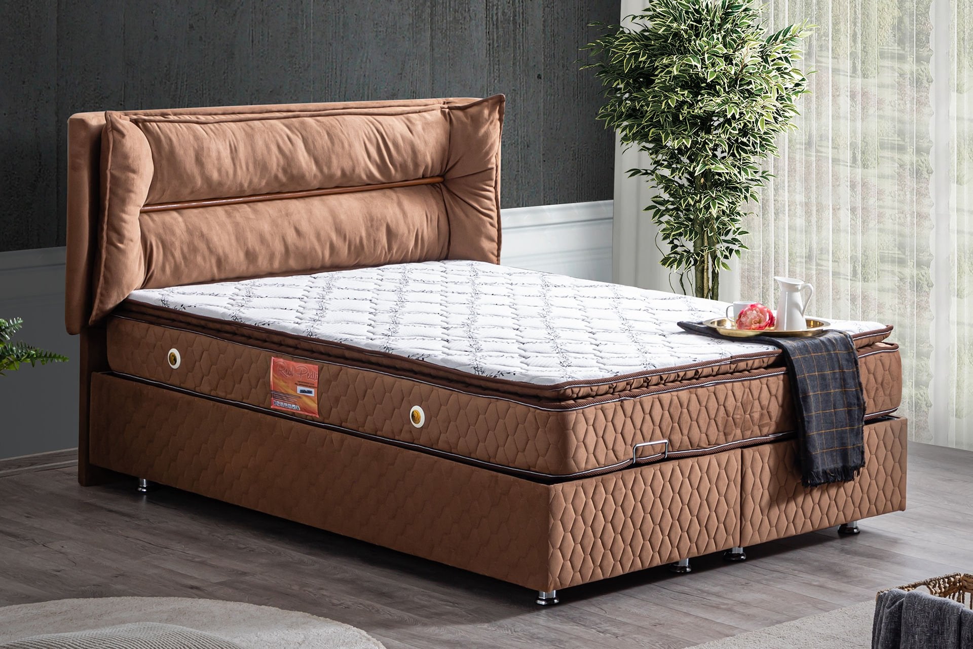 Barselona Baza Başlık Real Pedli Yatak Seti 180 x 200 - Açık Kahve