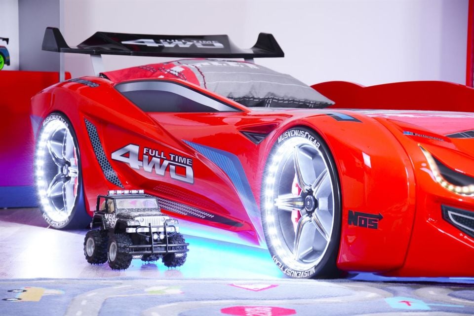 Mercedes Arabalı Yatak Rüzgarlıklı Full Ledli Kumandalı - Kırmızı