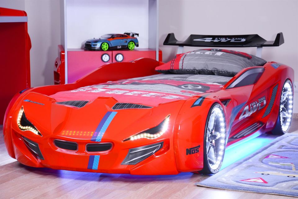 Mercedes Arabalı Yatak Rüzgarlıklı Full Ledli Kumandalı - Kırmızı