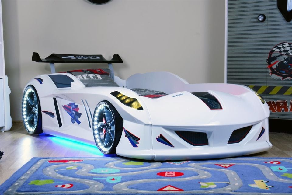 Jaguar Arabalı Yatak Rüzgarlıklı Full Ledli Kumandalı - Beyaz