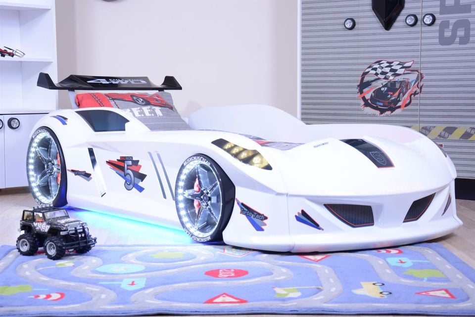 Jaguar Arabalı Yatak Rüzgarlıklı Full Ledli Kumandalı - Beyaz