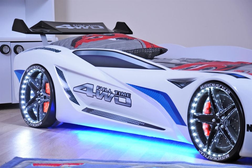 Mercedes Arabalı Yatak Rüzgarlıklı Full Ledli Kumandalı - Beyaz