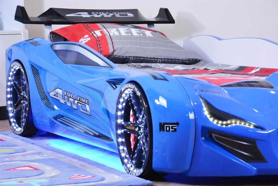 Mercedes Arabalı Yatak Rüzgarlıklı Full Ledli Kumandalı - Mavi