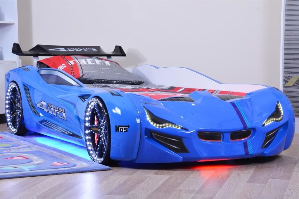 Mercedes Arabalı Yatak Rüzgarlıklı Full Ledli Kumandalı - Mavi