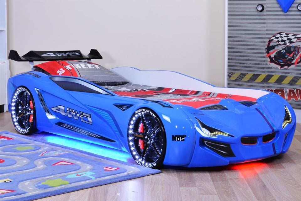 Mercedes Arabalı Yatak Rüzgarlıklı Full Ledli Kumandalı - Mavi