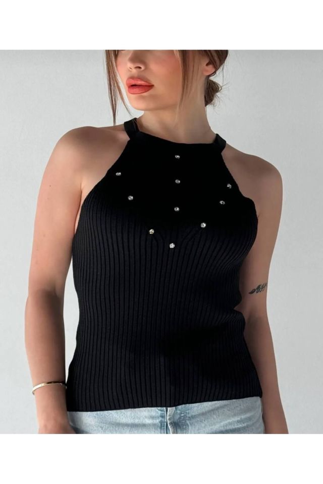 Boyun Şeritli Sıfır Kollu Taş Detaylı Triko Crop Bluz