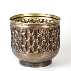 Dekoratif Kabartmalı Mat Altın Renkli Metal Saksı