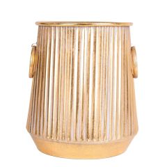 Gold Kaplamalı Kulplu Çizgi Desenli Metal Saksı
