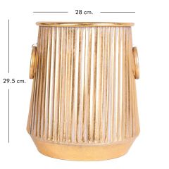 Gold Kaplamalı Kulplu Çizgi Desenli Metal Saksı