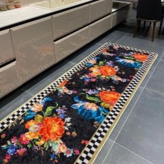 Mavi Turuncu Çiçek Desenli Dekoratif Mutfak Halısı