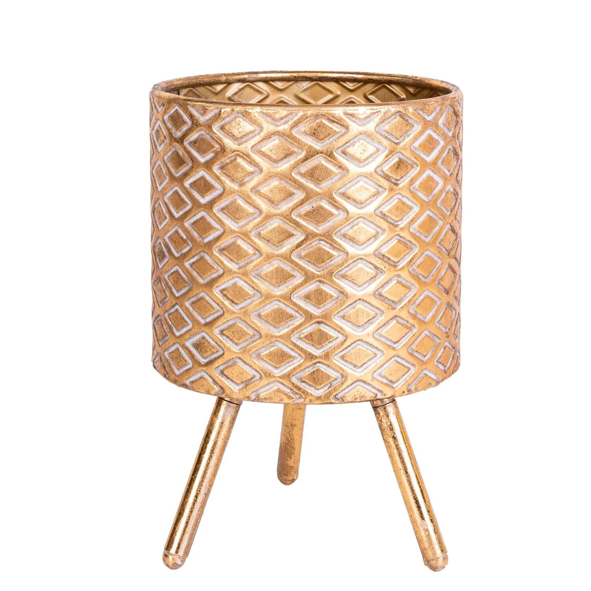 Vintage Tarzı Ayaklı Gold Desenli Metal Saksı