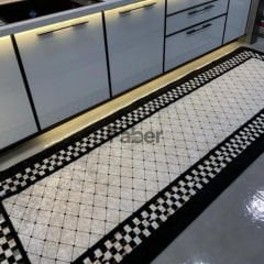 Siyah Beyaz Kare Desenli Dekoratif Mutfak Halısı 100x200