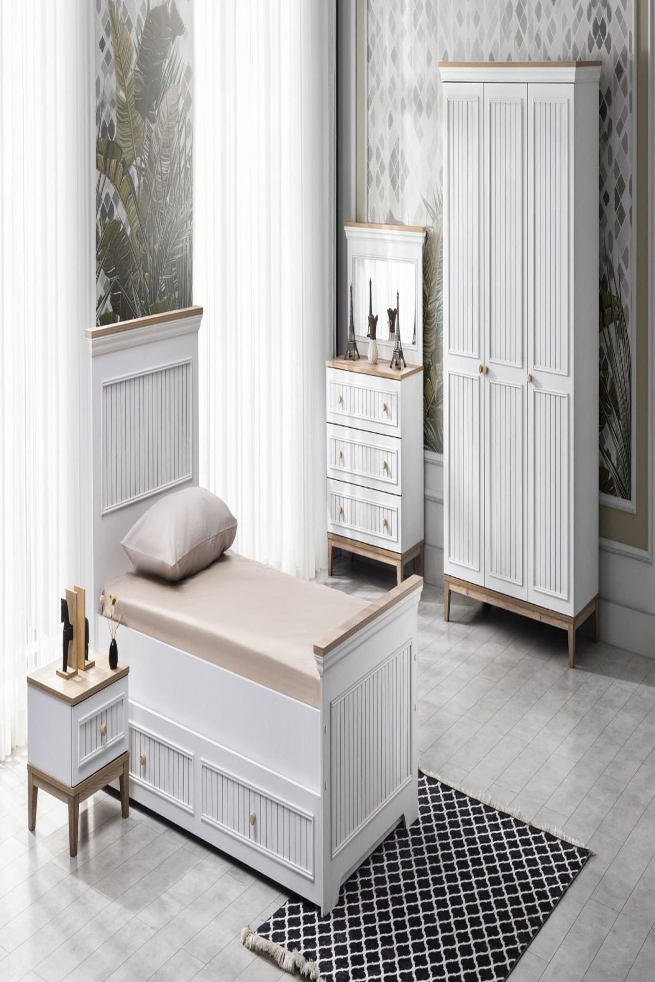 Modern Safir Beyaz Ahşap Genç Odası Takımı