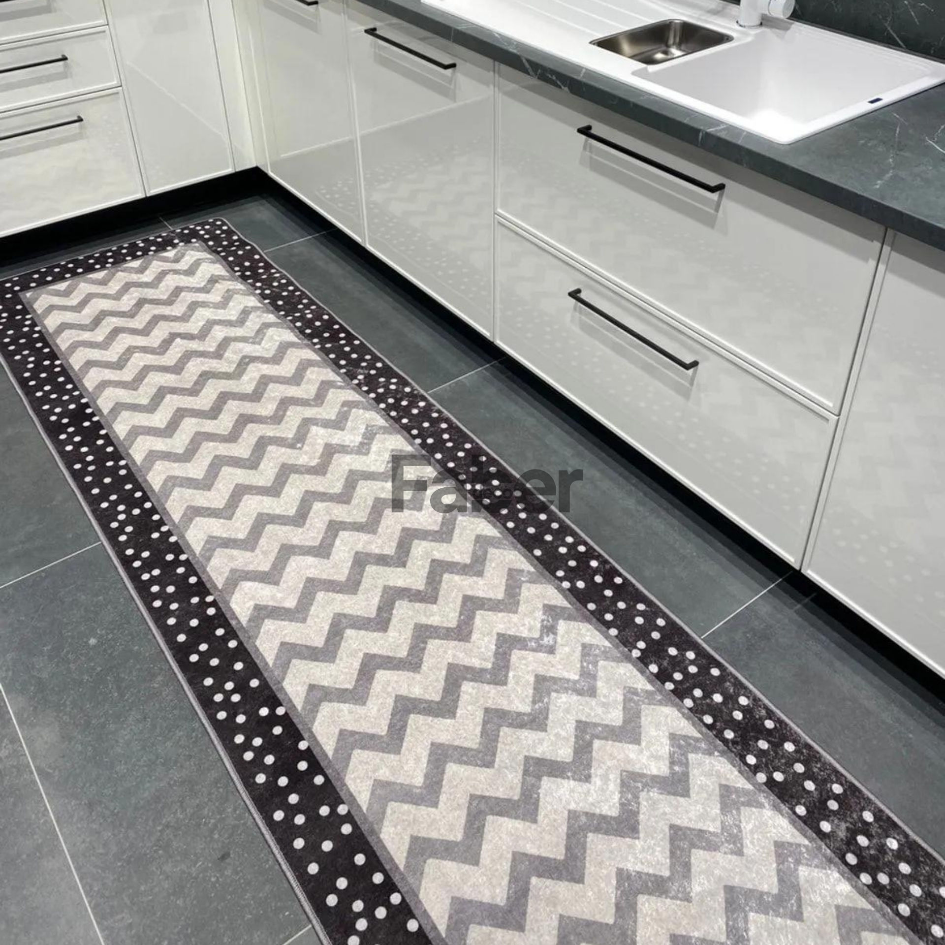 Gri Zigzag Desenli Mutfak Halısı 100x200