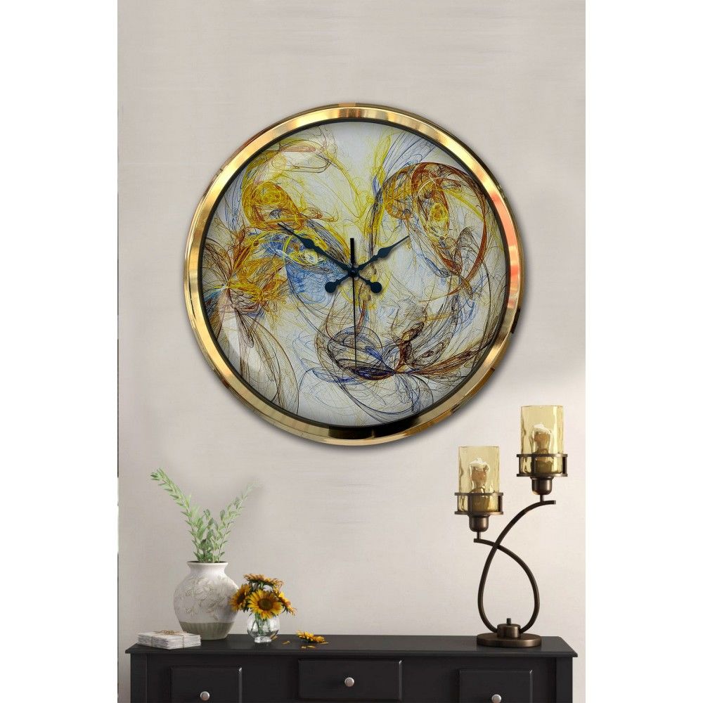 Modern Gold Çerçeveli Soyut Sanat Desenli Dekoratif Duvar Saati