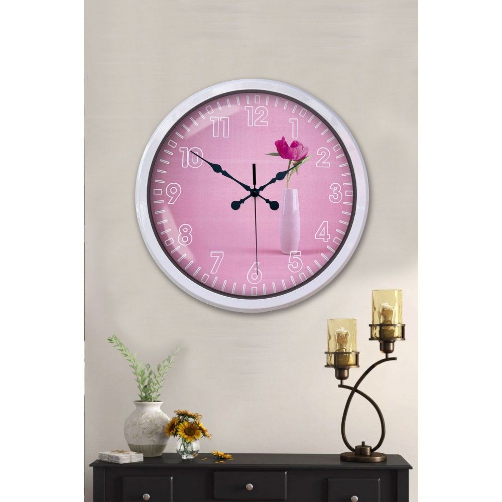 Modern Pembe Çiçek Desenli Dekoratif Duvar Saati