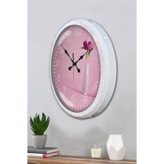 Modern Pembe Çiçek Desenli Dekoratif Duvar Saati