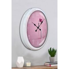 Modern Pembe Çiçek Desenli Dekoratif Duvar Saati