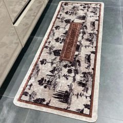 Kahverengi Beyaz Vintage Desenli Mutfak Halısı