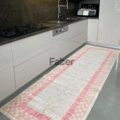 Pembe Kare Desenli Dekoratif Mutfak Halısı