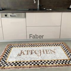 Kare Desenli Kahverengi Dekoratif Mutfak Halısı