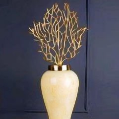 Modern Gold Halkalı Seramik Krem Dekoratif Vazo