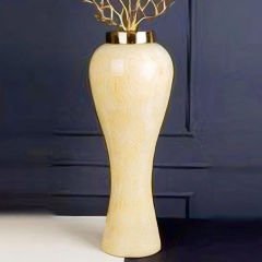 Modern Gold Halkalı Seramik Krem Dekoratif Vazo
