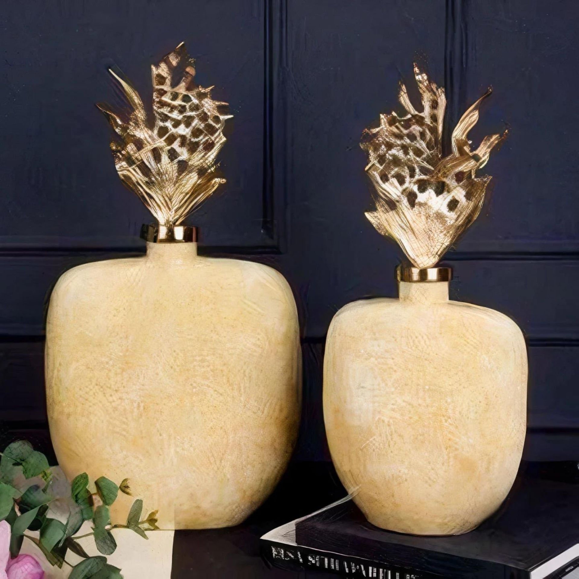 Modern Altın Detaylı Gold Kapaklı İkili Set Seramik Dekoratif Vazo