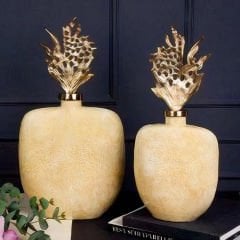 Modern Altın Detaylı Gold Kapaklı İkili Set Seramik Dekoratif Vazo