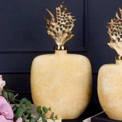 Modern Altın Detaylı Gold Kapaklı İkili Set Seramik Dekoratif Vazo