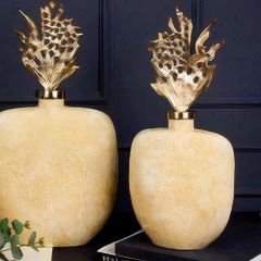 Modern Altın Detaylı Gold Kapaklı İkili Set Seramik Dekoratif Vazo