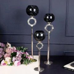 Modern Gümüş Halkalı Üçlü Set Siyah Seramik Dekoratif Şamdan