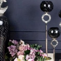 Modern Gümüş Halkalı Üçlü Set Siyah Seramik Dekoratif Şamdan