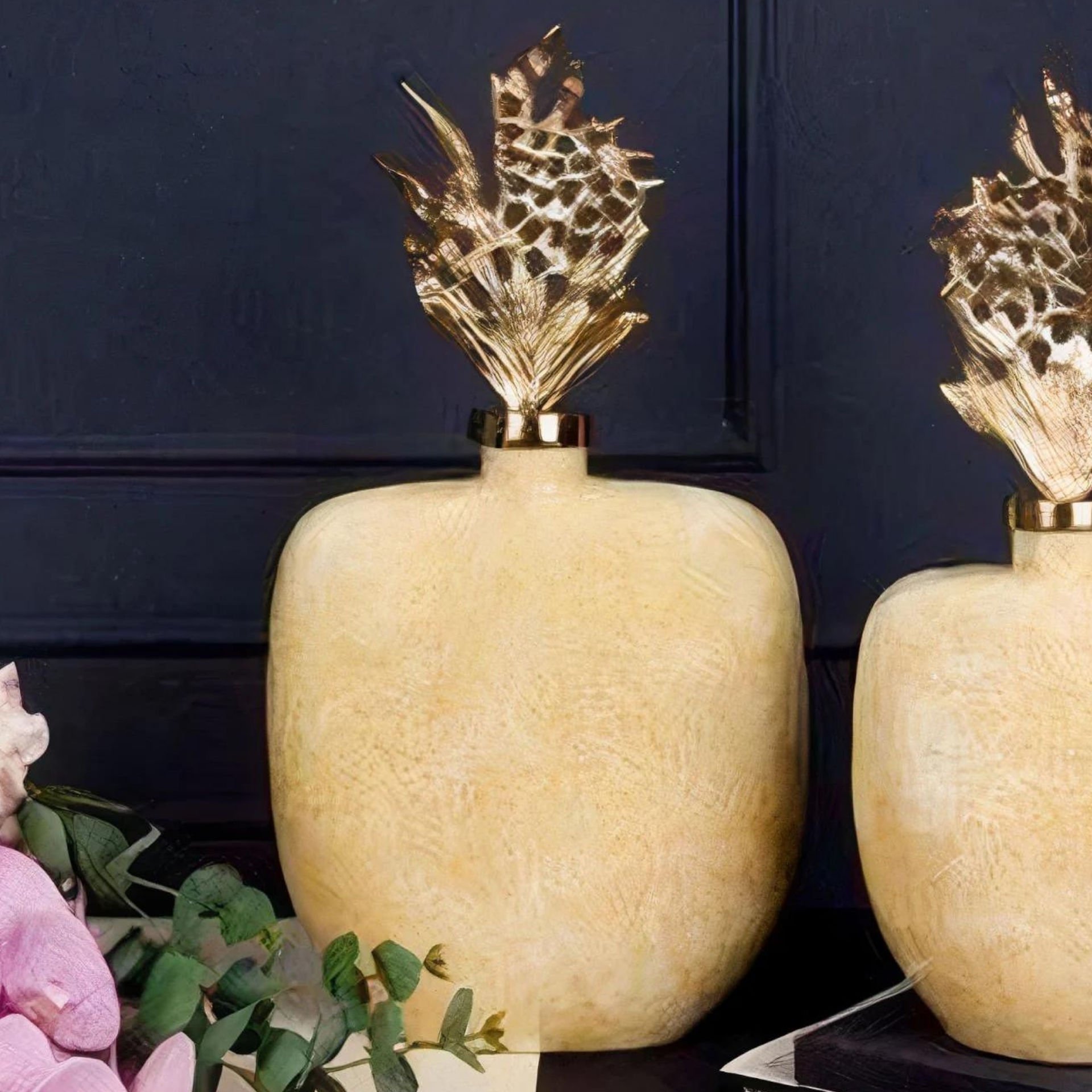 Modern Altın Detaylı Gold Kapaklı Büyük Seramik Dekoratif Vazo