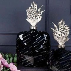 Modern Gümüş Kapaklı Siyah Seramik İkili Set Dekoratif Vazo