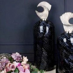 Modern Siyah Seramik Gümüş Kapaklı Silindir İkili Set Dekoratif Vazo