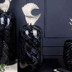 Modern Siyah Seramik Gümüş Kapaklı Silindir İkili Set Dekoratif Vazo