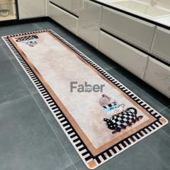 Çay Motifli Bej Dekoratif Mutfak Halısı