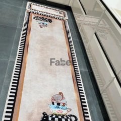 Çay Motifli Bej Dekoratif Mutfak Halısı
