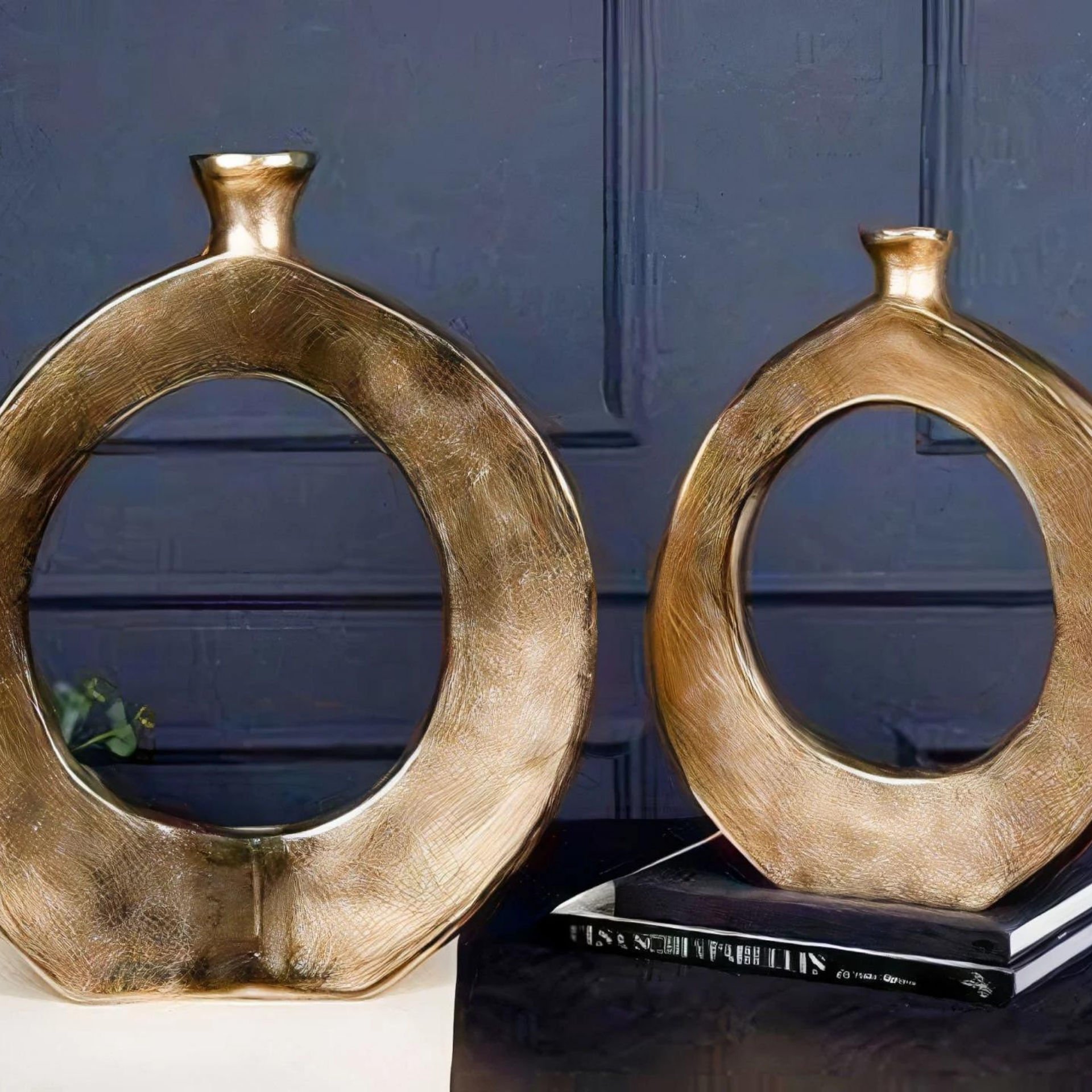 Gold Halkalı Oval Tasarımlı İkili Set Dekoratif Vazo