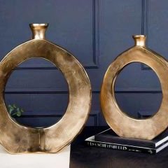 Gold Halkalı Oval Tasarımlı İkili Set Dekoratif Vazo