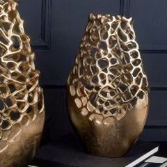 Gold Kabartma Desenli Metal İkili Set Dekoratif Vazo