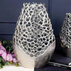 Gümüş Kabartma Desenli Metal İkili Set Dekoratif Vazo