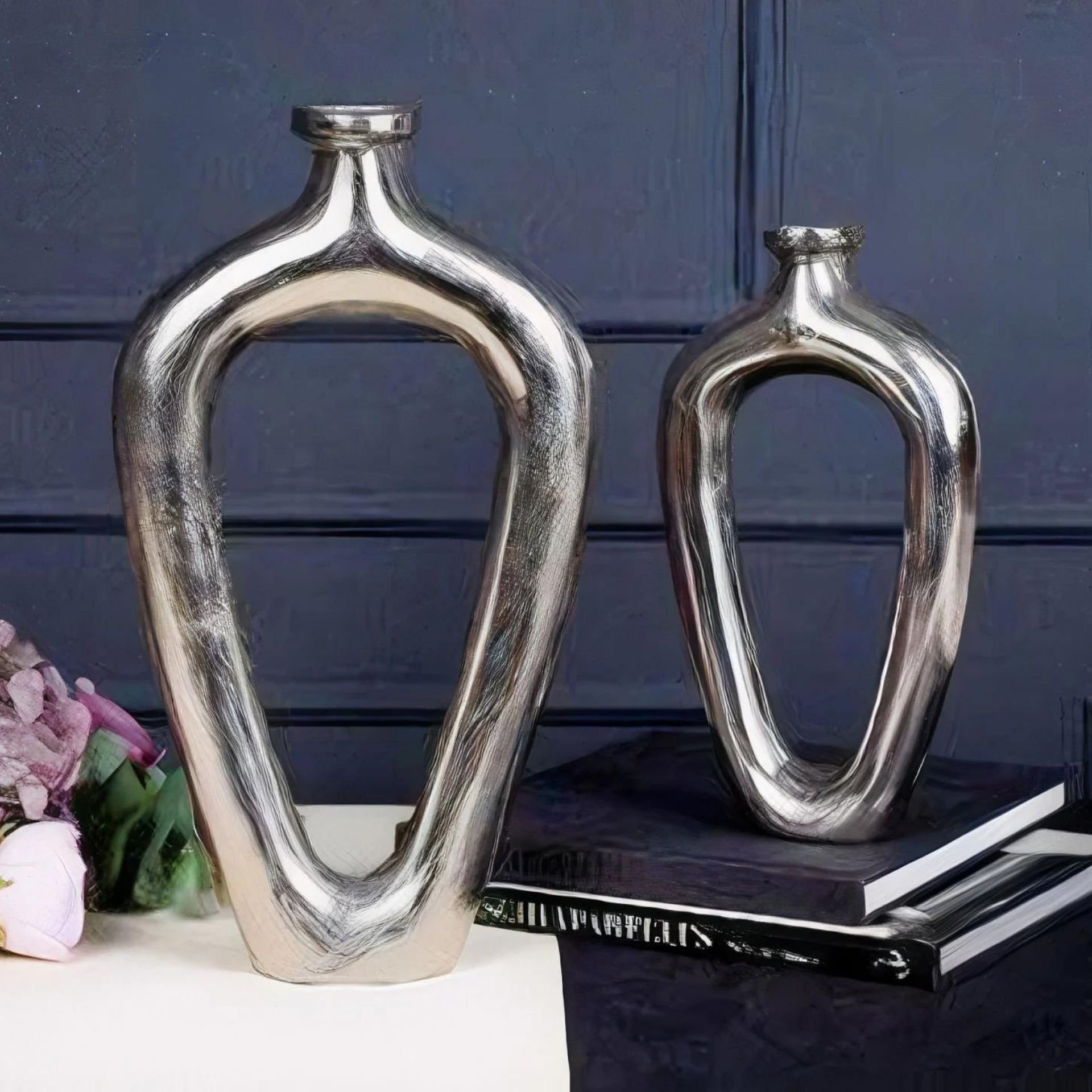 Modern Gümüş Metal İkili Set Dekoratif Vazo