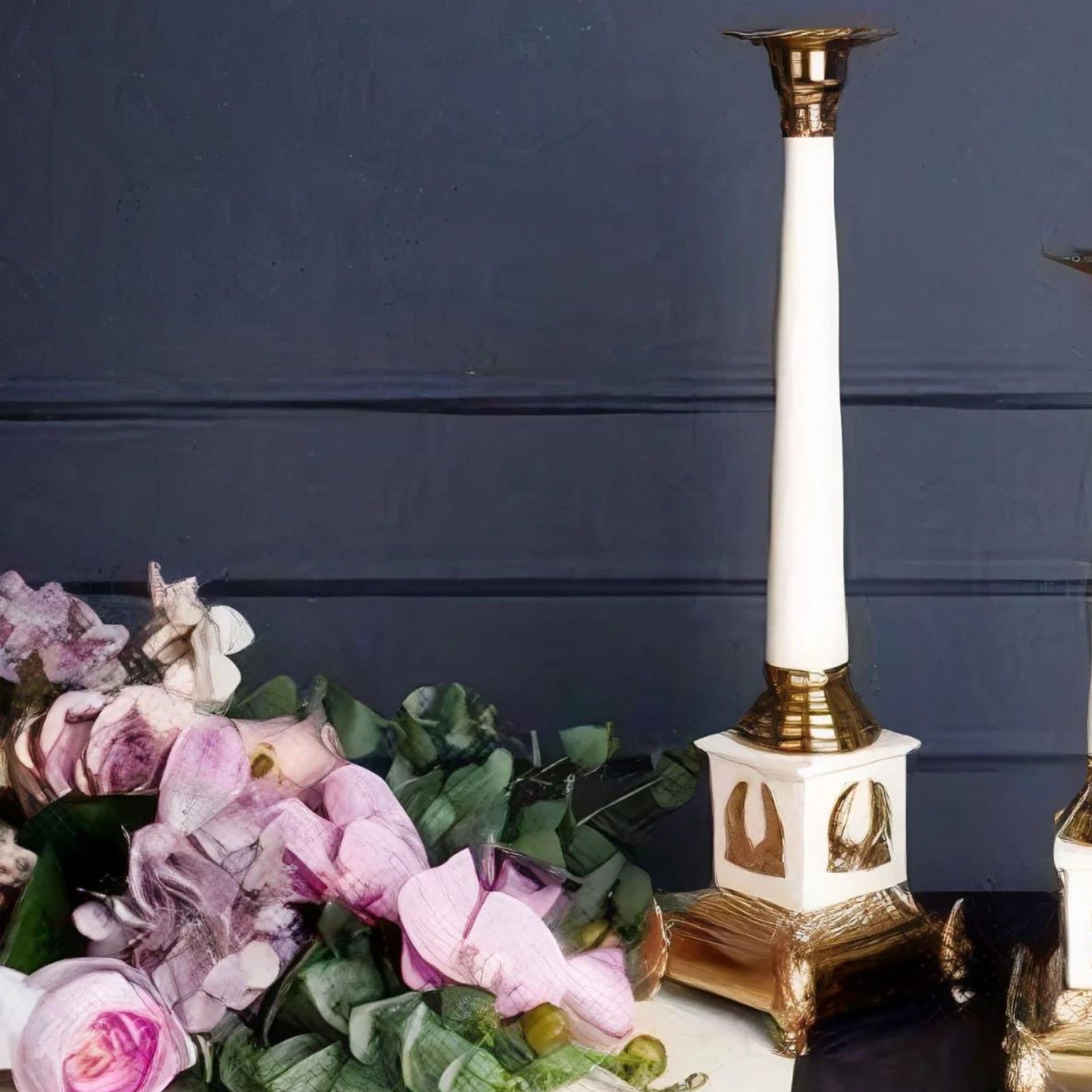 Gold Beyaz Obelisk Tasarımlı Dekoratif Büyük Şamdan
