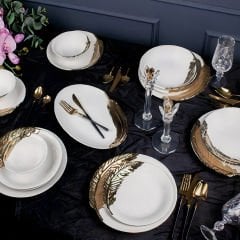 Gold Yaprak Desenli Porselen 25 Parça 6 Kişilik Yemek Takımı