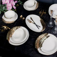Gold Yaprak Desenli Porselen 25 Parça 6 Kişilik Yemek Takımı