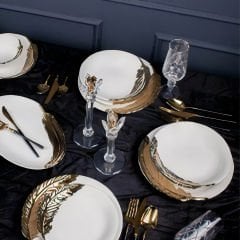 Gold Yaprak Desenli Porselen 25 Parça 6 Kişilik Yemek Takımı